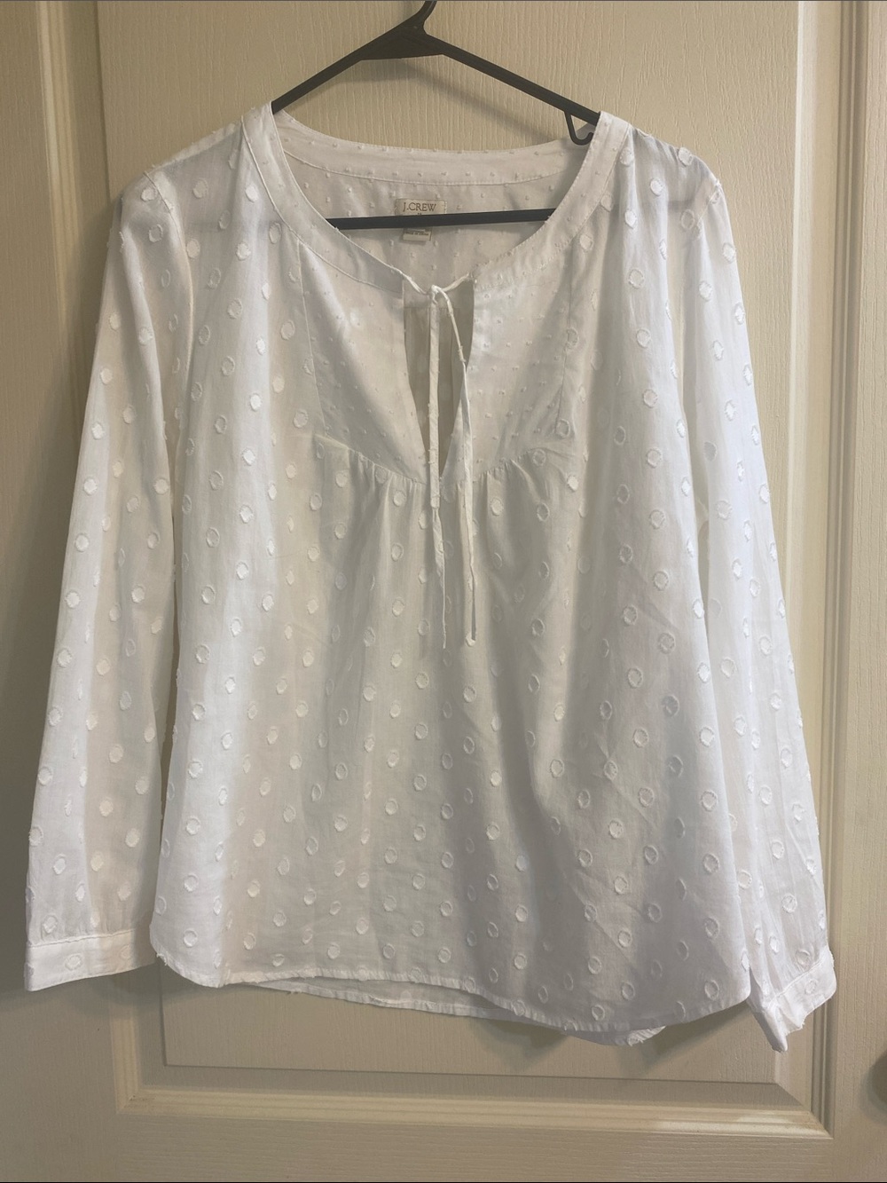 J. Crew White Swiss Dot Tie-Neck Peasant Top